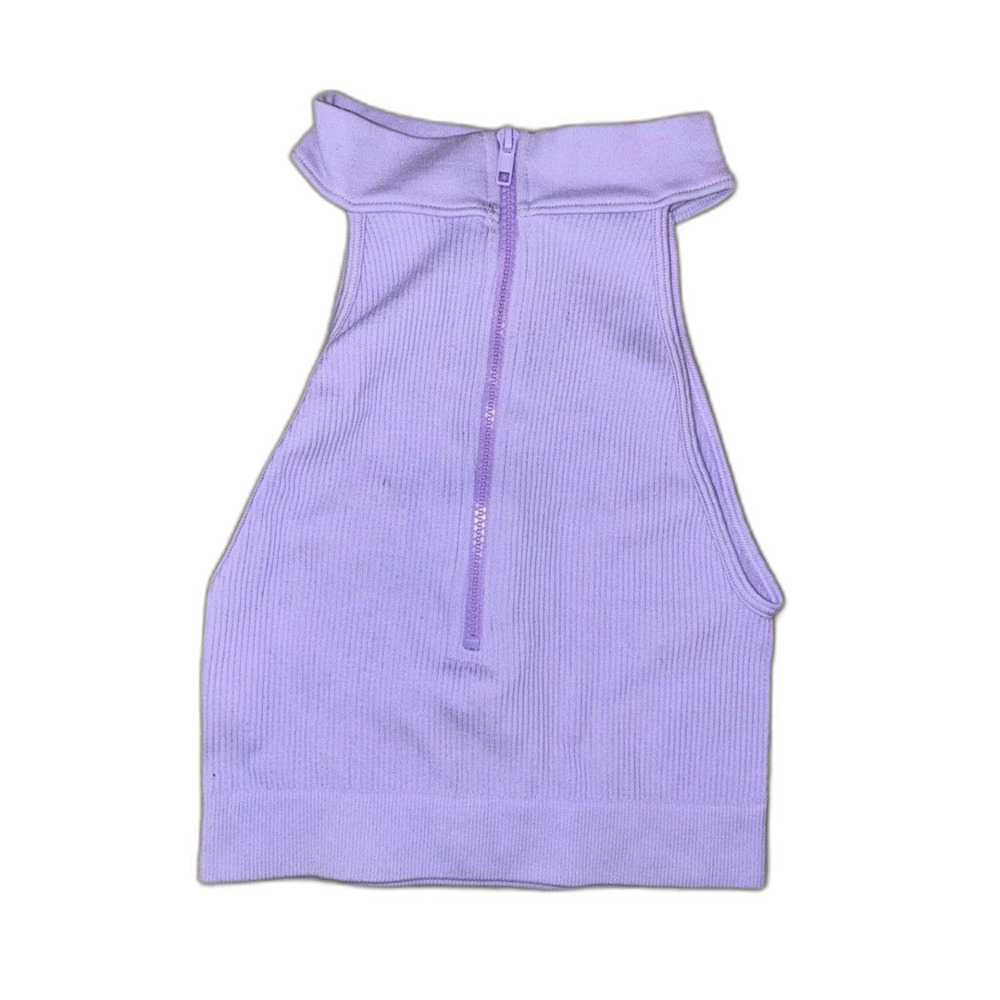 PrettyLittleThing Ribbed Zip Crop Top XS Lavender Off Shoulder